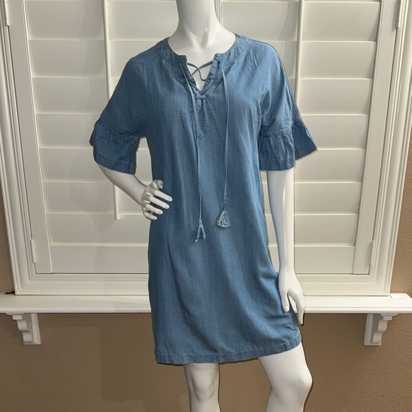 Vineyard Vines Chambray Flutter Sleeve Lace Up Denim Dress‎ Summer Evening - Picture 1 of 11